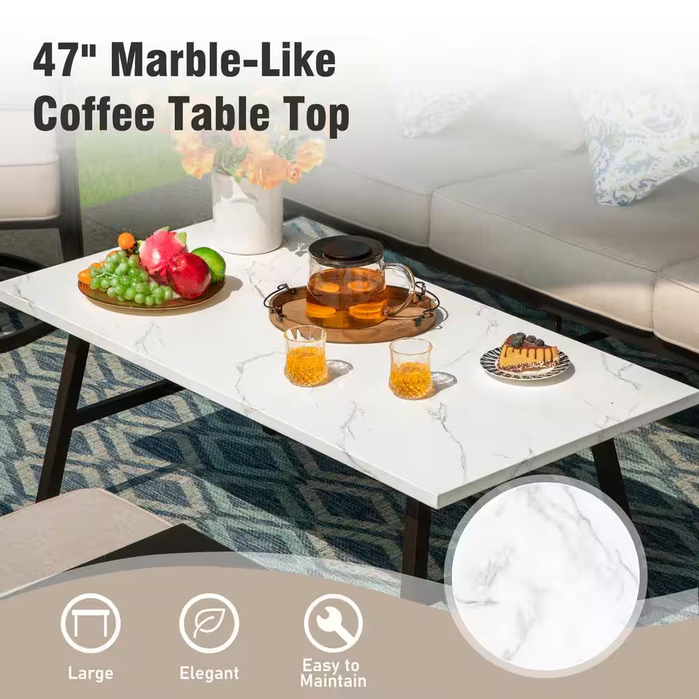 Metal 5 Seat 4-Piece Steel Outdoor Patio Conversation Set with Rocking Chairs, Beige Cushions and Marble Pattern Table