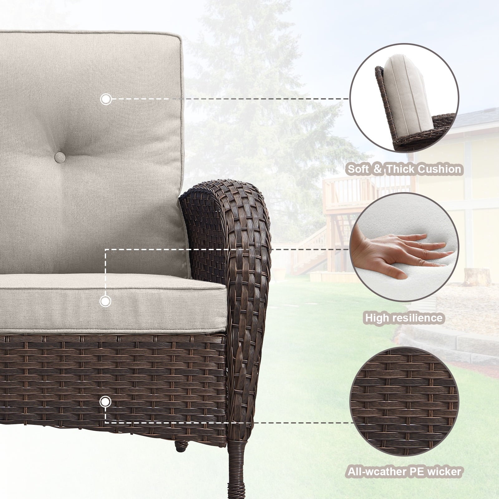 7 Piece Outdoor Patio Furniture Set, Patio Furniture Set with Fire Pit Table Rattan Wicker Patio Furniture Set, Brown Wicker & Beige Cushion