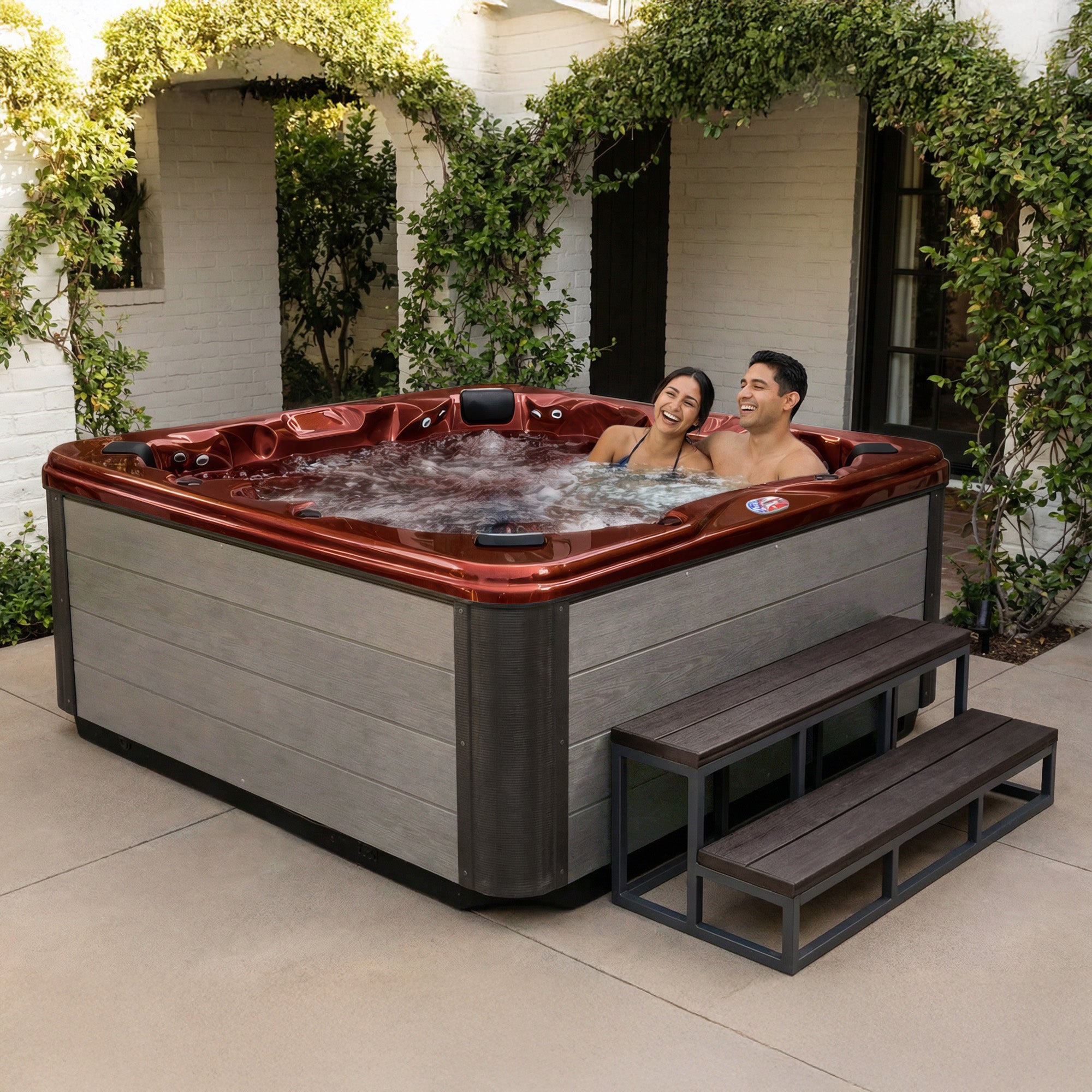 American Spas AMZ745B 7-Person 45-Jet Premium Acrylic Bench Spa Standard Hot Tub with Ozonator and Bluetooth Sound System