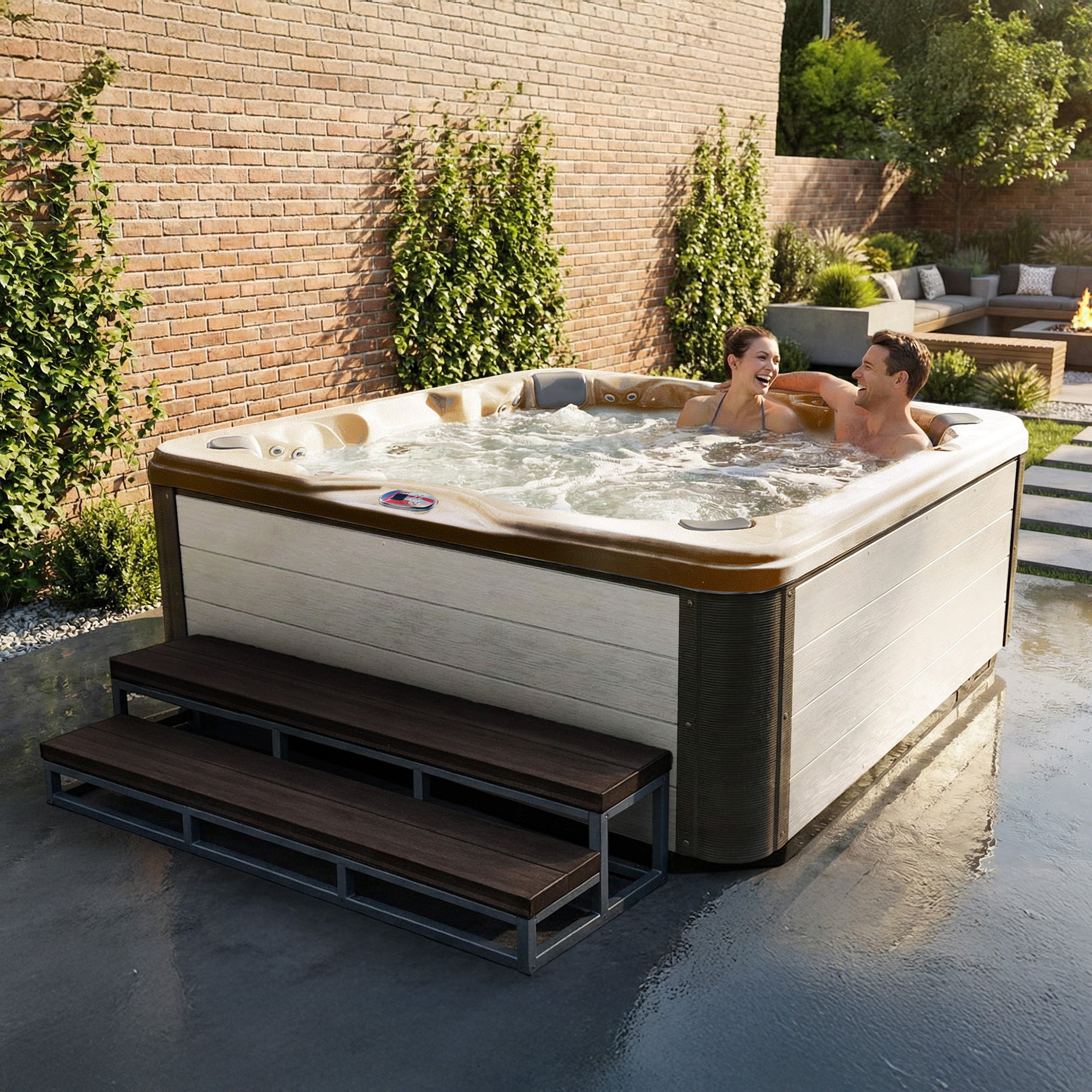 American Spas AMZ756B 7-Person 56-Jet Premium Acrylic Bench Spa Standard Hot Tub with Bluetooth Sound System and LED Waterfall