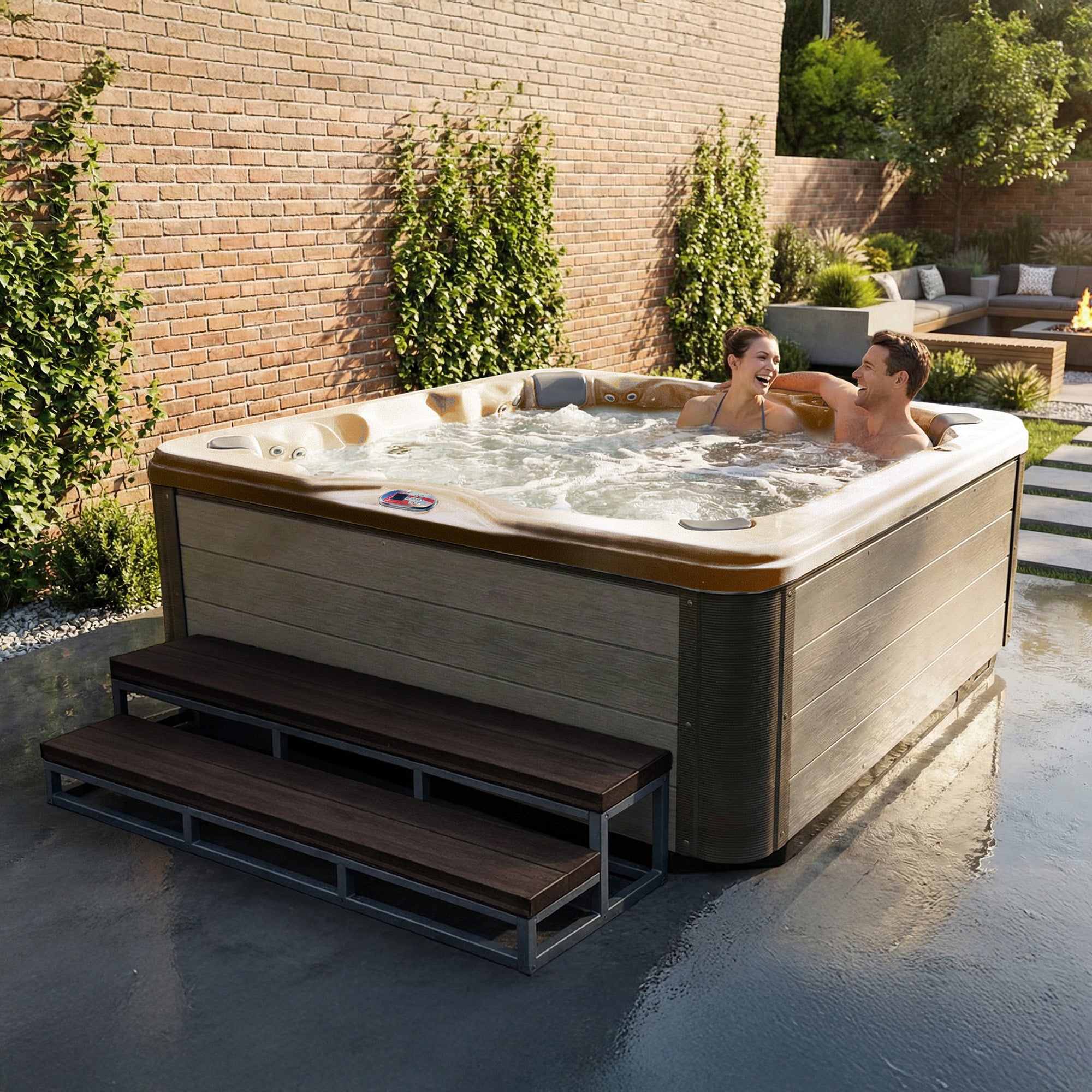 American Spas AMZ756B 7-Person 56-Jet Premium Acrylic Bench Spa Standard Hot Tub with Bluetooth Sound System and LED Waterfall