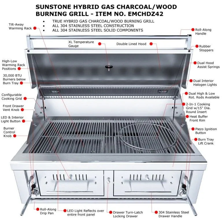 Sunstone 42″ Gas Hybrid Dual Zone Charcoal/Wood Burning Grill