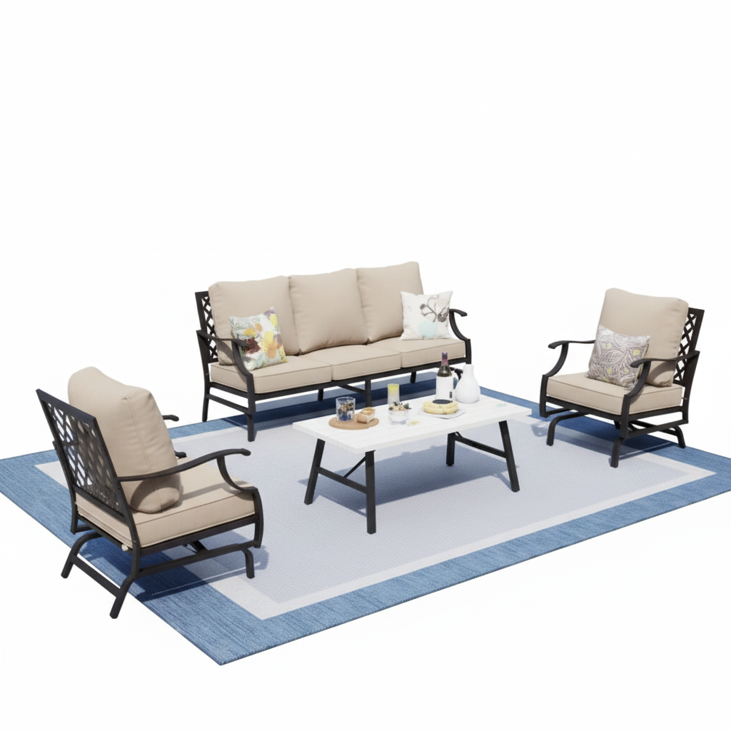 Metal 5 Seat 4-Piece Steel Outdoor Patio Conversation Set with Rocking Chairs, Beige Cushions and Marble Pattern Table
