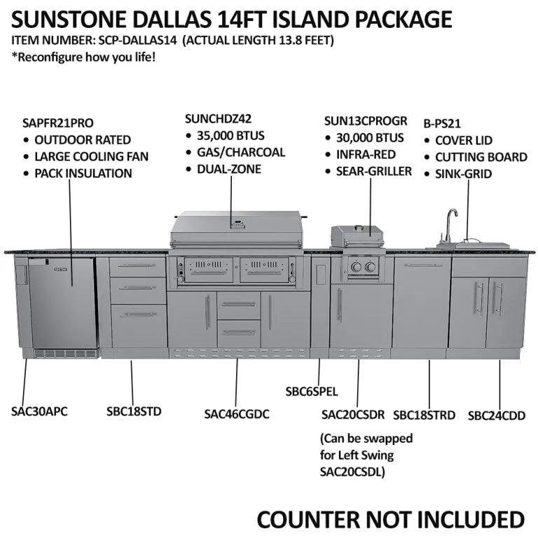 Sunstone THE DALLAS 14 Foot Outdoor Cabinet Island Package with the Largest Gas Hybrid Charcoal Grill