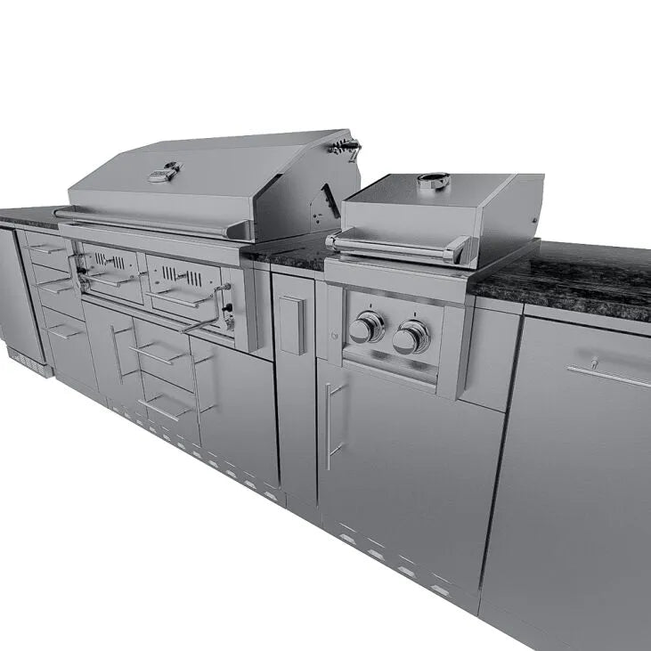 Sunstone THE DALLAS 14 Foot Outdoor Cabinet Island Package with the Largest Gas Hybrid Charcoal Grill