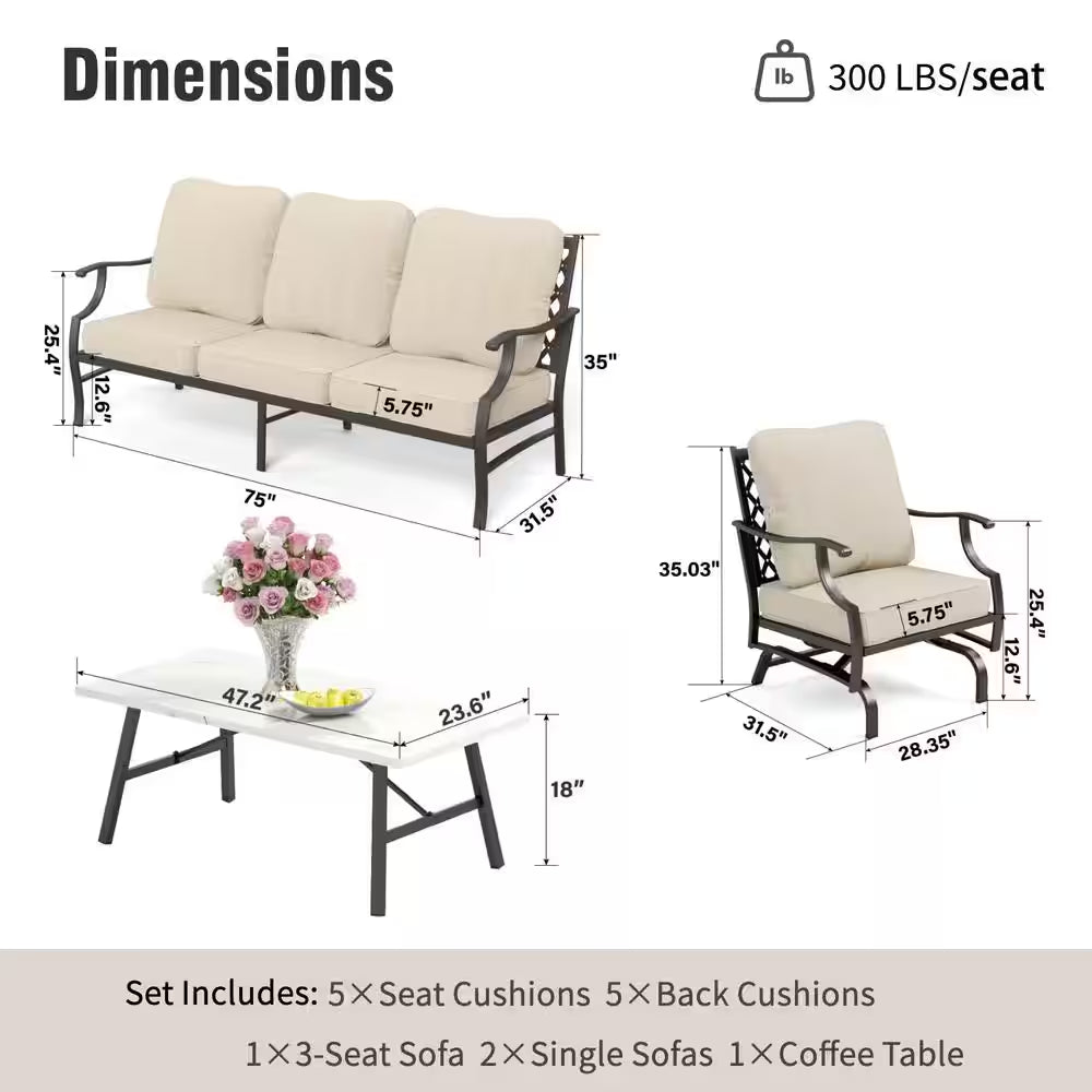 Metal 5 Seat 4-Piece Steel Outdoor Patio Conversation Set with Rocking Chairs, Beige Cushions and Marble Pattern Table