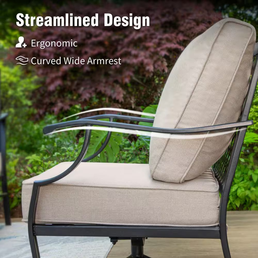 Metal 5 Seat 4-Piece Steel Outdoor Patio Conversation Set with Rocking Chairs, Beige Cushions and Marble Pattern Table