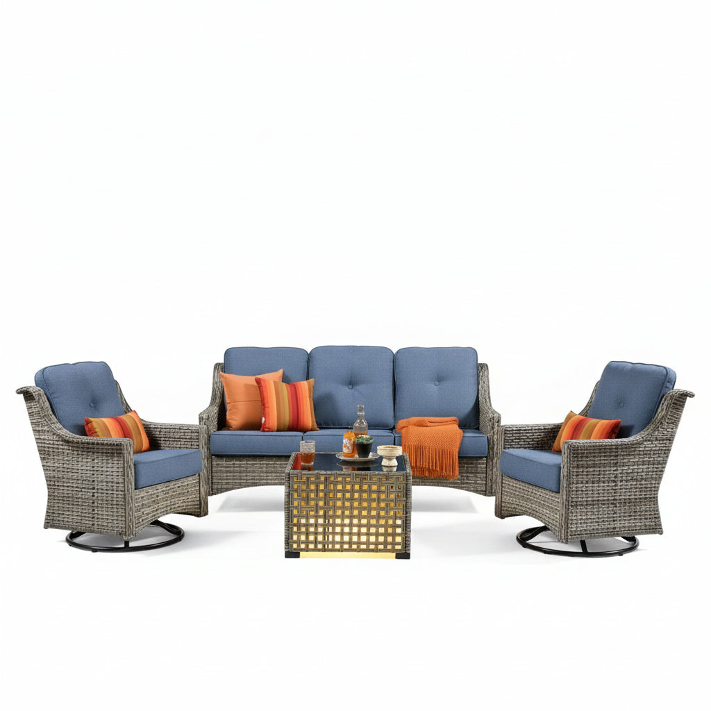 5 Pieces Outdoor Patio Furniture Set High-Back Rattan Wicker Conversation Set Outdoor Sectional with Swivel Chairs & Solar Light Coffee Table, Denim Blue
