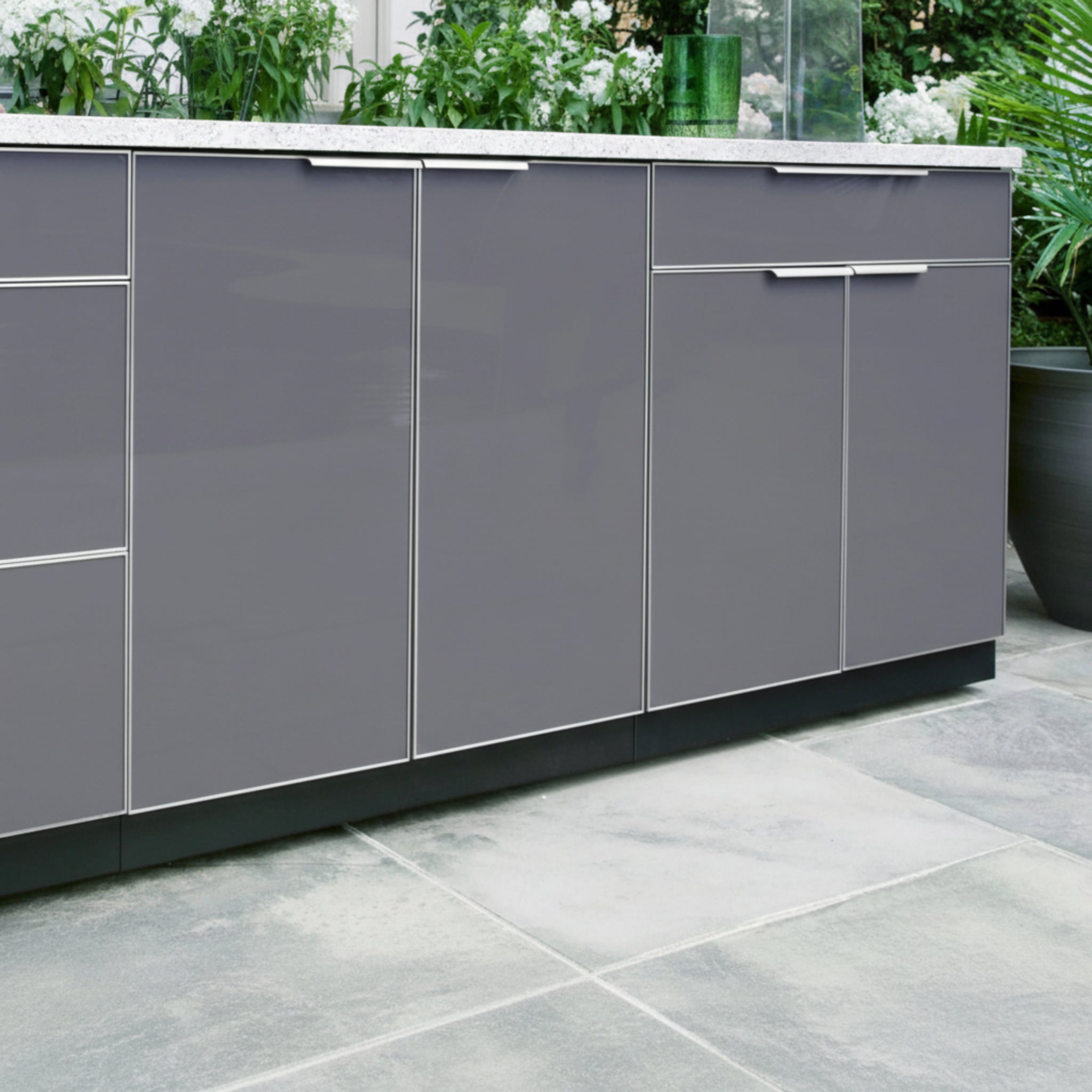 Newage Products Outdoor Kitchen Aluminum 3 Piece Cabinet Set with Bar, Grill and Sink Cabinet