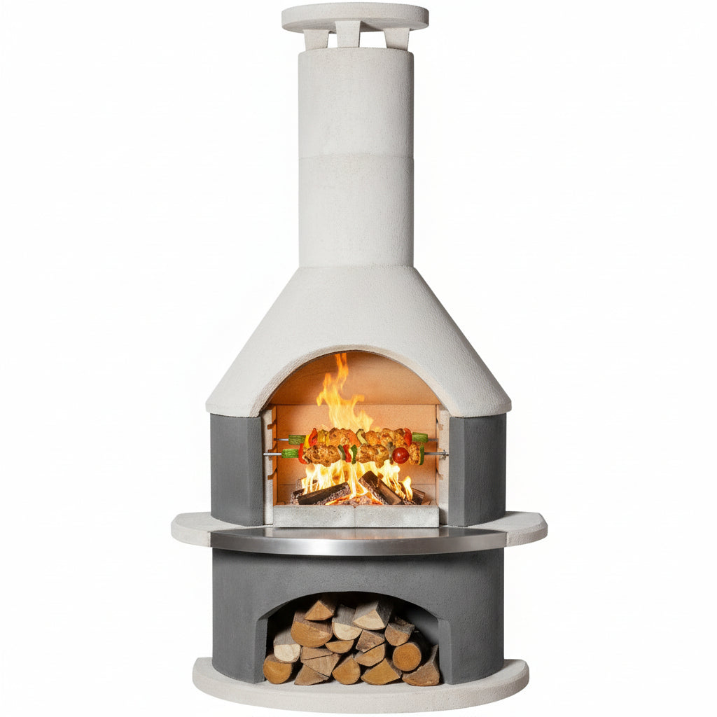 Concrete Outdoor Fireplace with Grill, Wood Burning Fireplace with Wood Storage and Chimney, Include Grill Rack & Charcoal Pan, 81.9”H