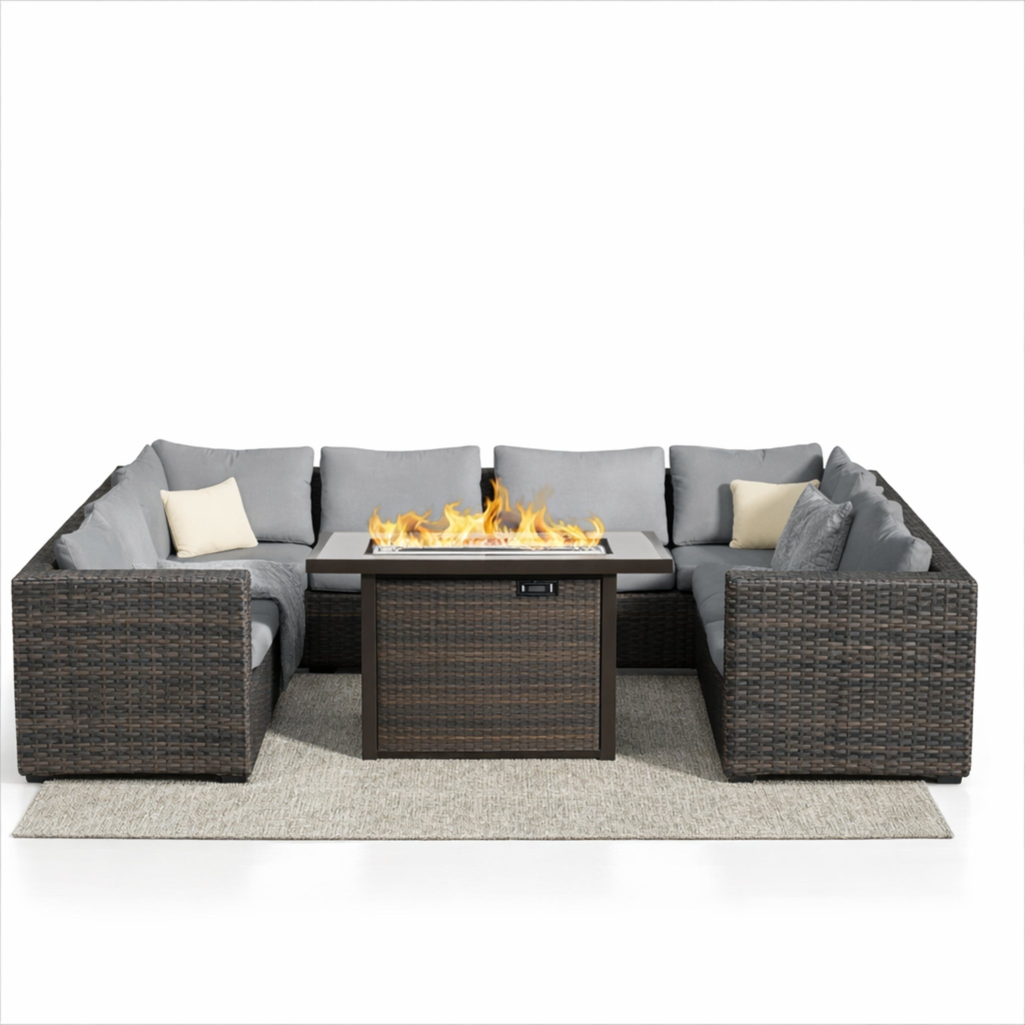 9 Piece Patio Furniture Set with Fire Pit Table, All Weather Outdoor Sectional PE Rattan, Patio Conversation Sets with Cushions and Glass Coffee Table for Garden Lawn Balcony, Grey