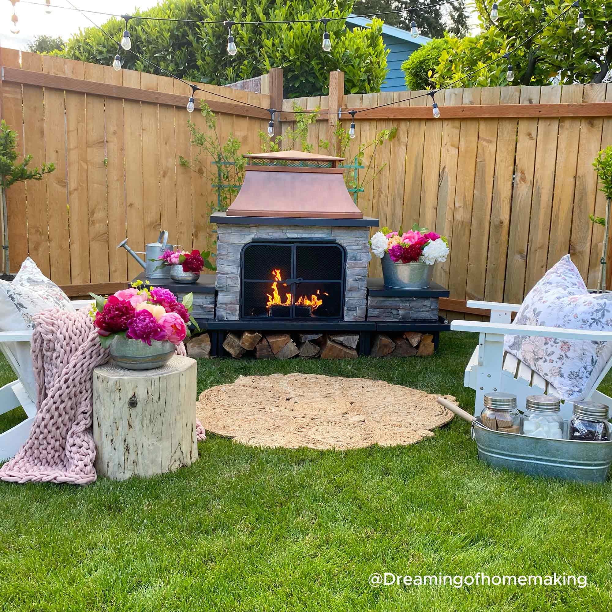 Outdoor 48 Inch Steel Wood Burning Stone Fireplace with Fire Poker and Removable Grate