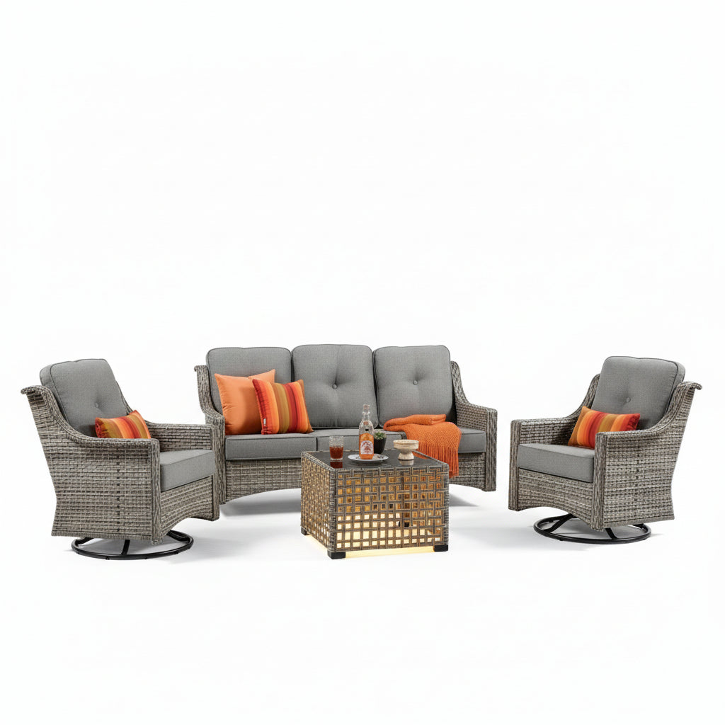 5 Pieces Outdoor Patio Furniture Set High-Back Rattan Wicker Conversation Set Outdoor Sectional with Swivel Chairs & Solar Light Coffee Table, Dark Grey