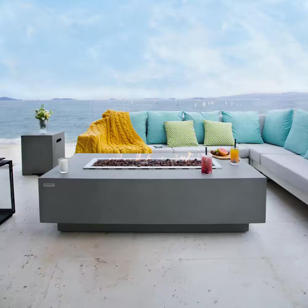 Granville Outdoor Fire Pit 60 In. X 27 In. Rectangular Concrete Propane Fire Table with Lava Rocks and Cover