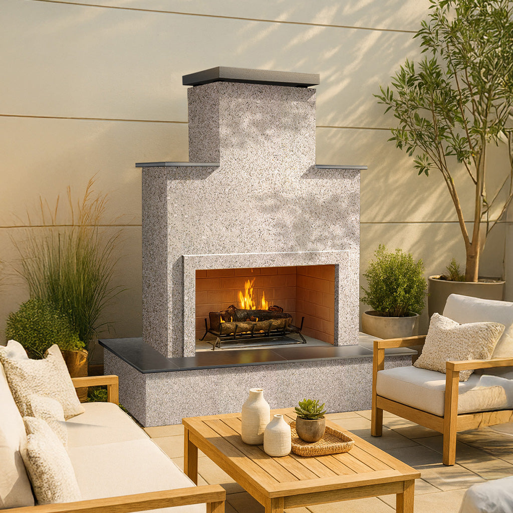 Cal Flame Tahiti-Contemporary Outdoor Gas Fireplace W/ Bottom Wrap-Around Mantel FRP-903-1