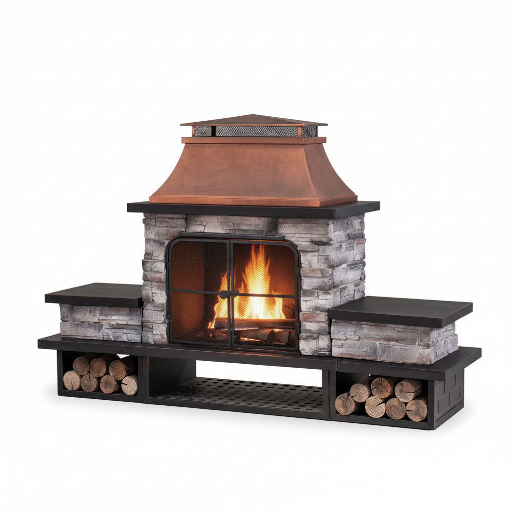 Outdoor 48 Inch Steel Wood Burning Stone Fireplace with Fire Poker and Removable Grate