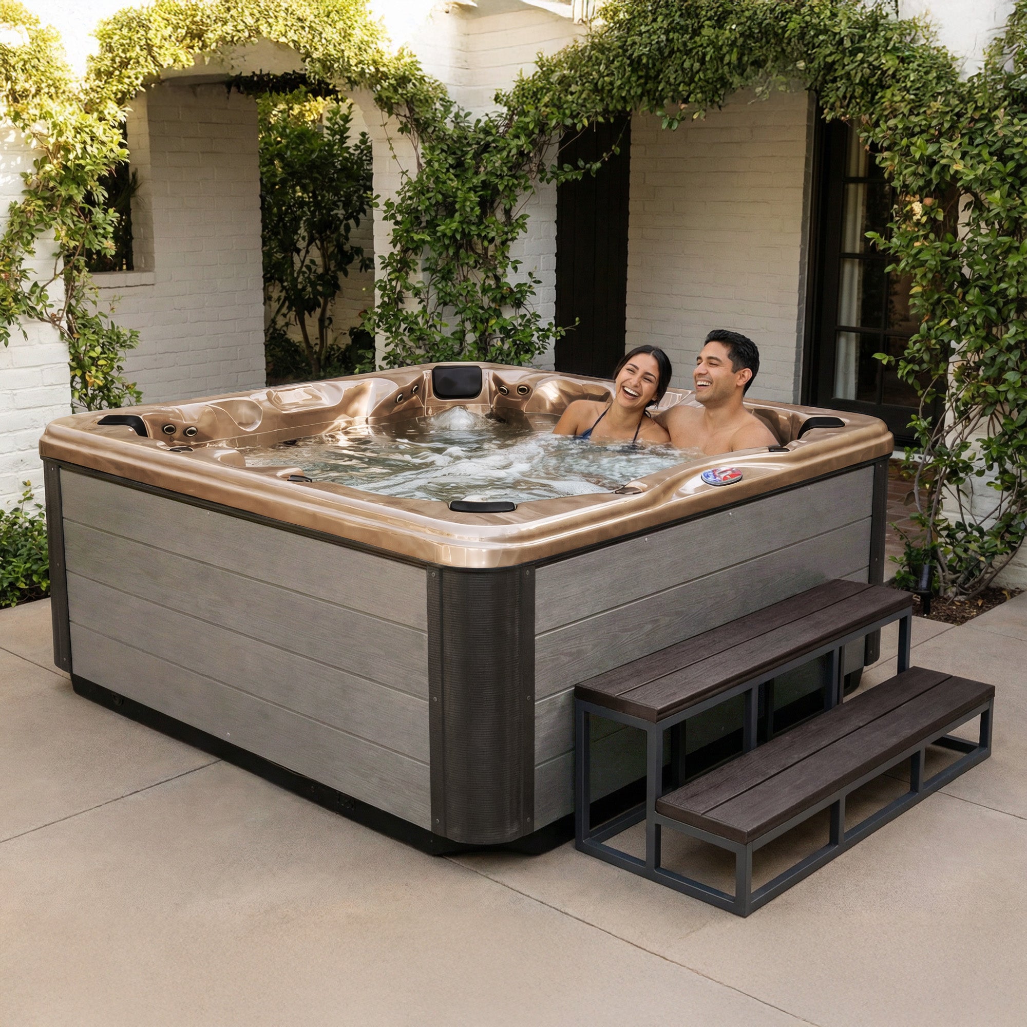 American Spas AMZ745B 7-Person 45-Jet Premium Acrylic Bench Spa Standard Hot Tub with Ozonator and Bluetooth Sound System