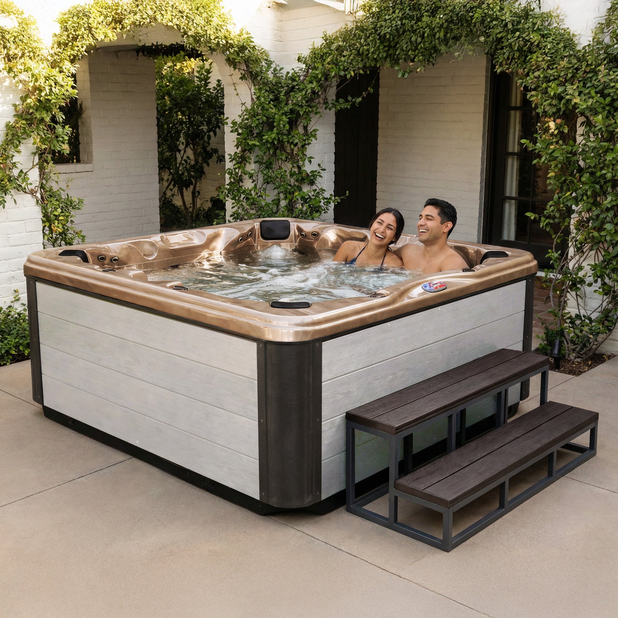 American Spas AMZ745B 7-Person 45-Jet Premium Acrylic Bench Spa Standard Hot Tub with Ozonator and Bluetooth Sound System