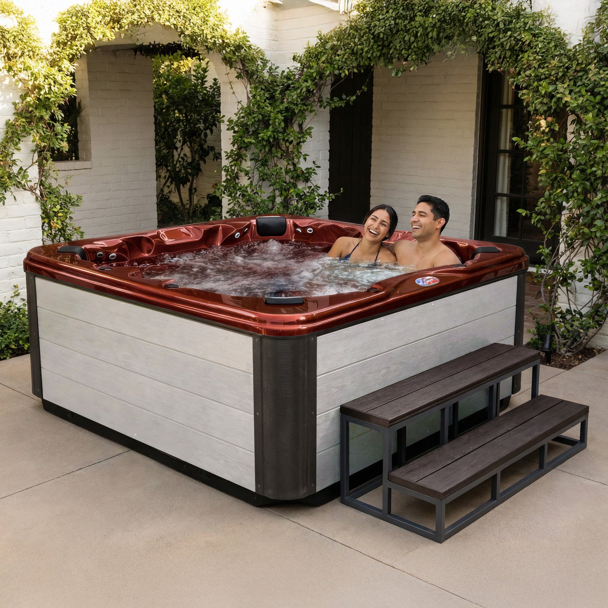 American Spas AMZ745B 7-Person 45-Jet Premium Acrylic Bench Spa Standard Hot Tub with Ozonator and Bluetooth Sound System