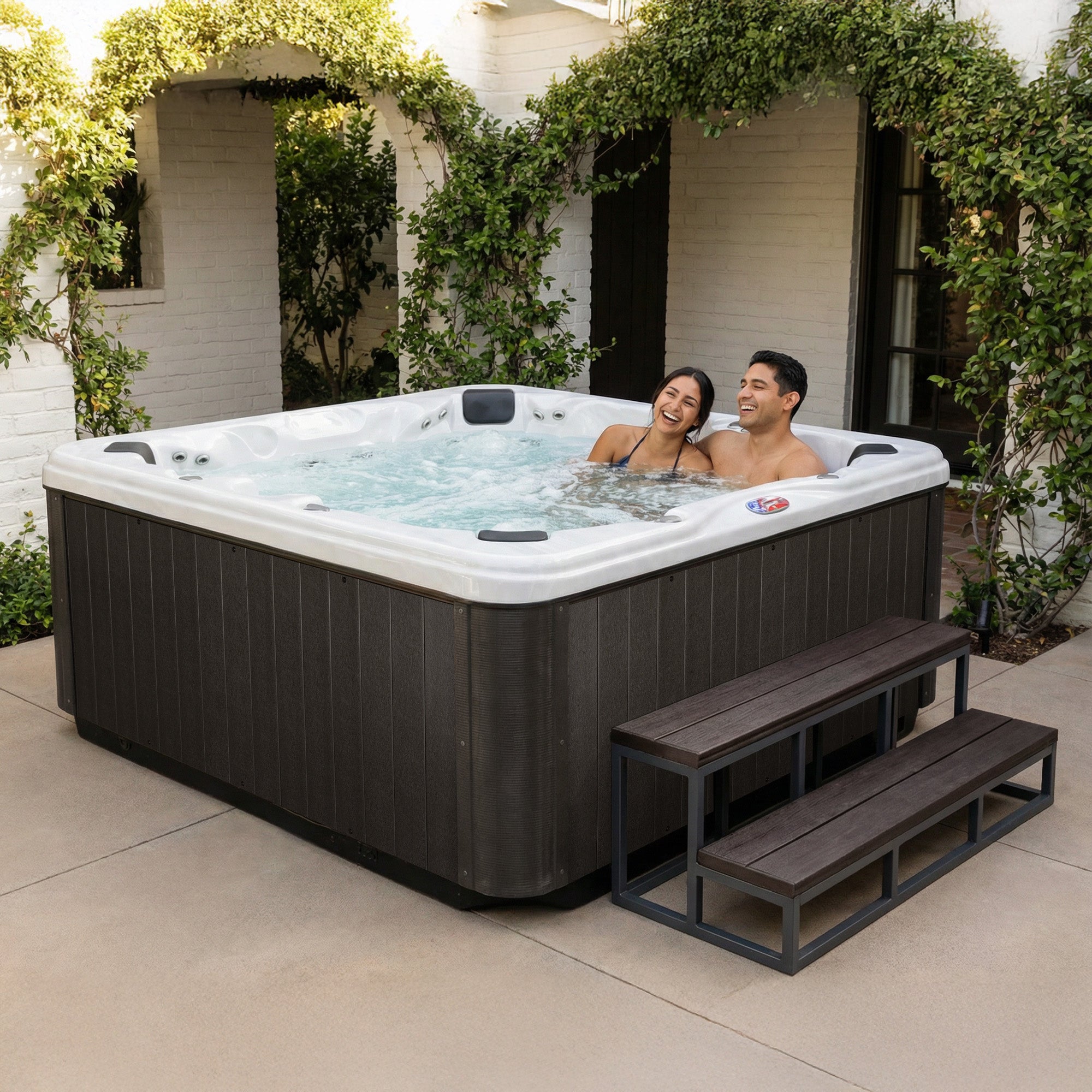 American Spas AMZ745B 7-Person 45-Jet Premium Acrylic Bench Spa Standard Hot Tub with Ozonator and Bluetooth Sound System