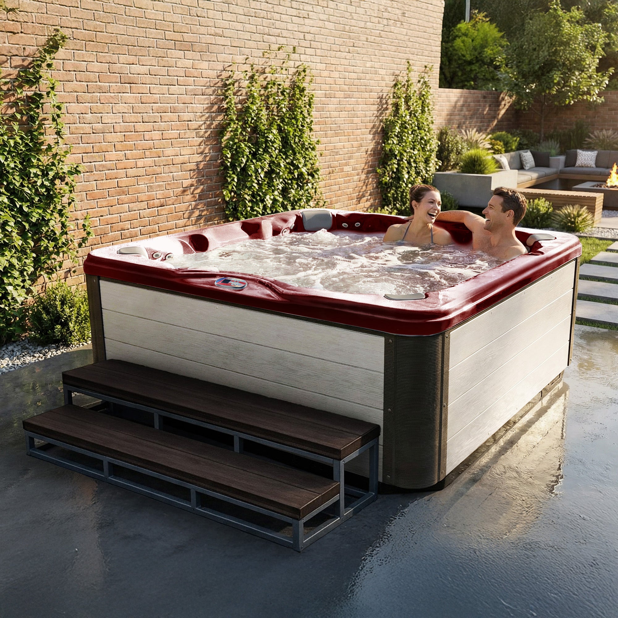 American Spas AMZ756B 7-Person 56-Jet Premium Acrylic Bench Spa Standard Hot Tub with Bluetooth Sound System and LED Waterfall