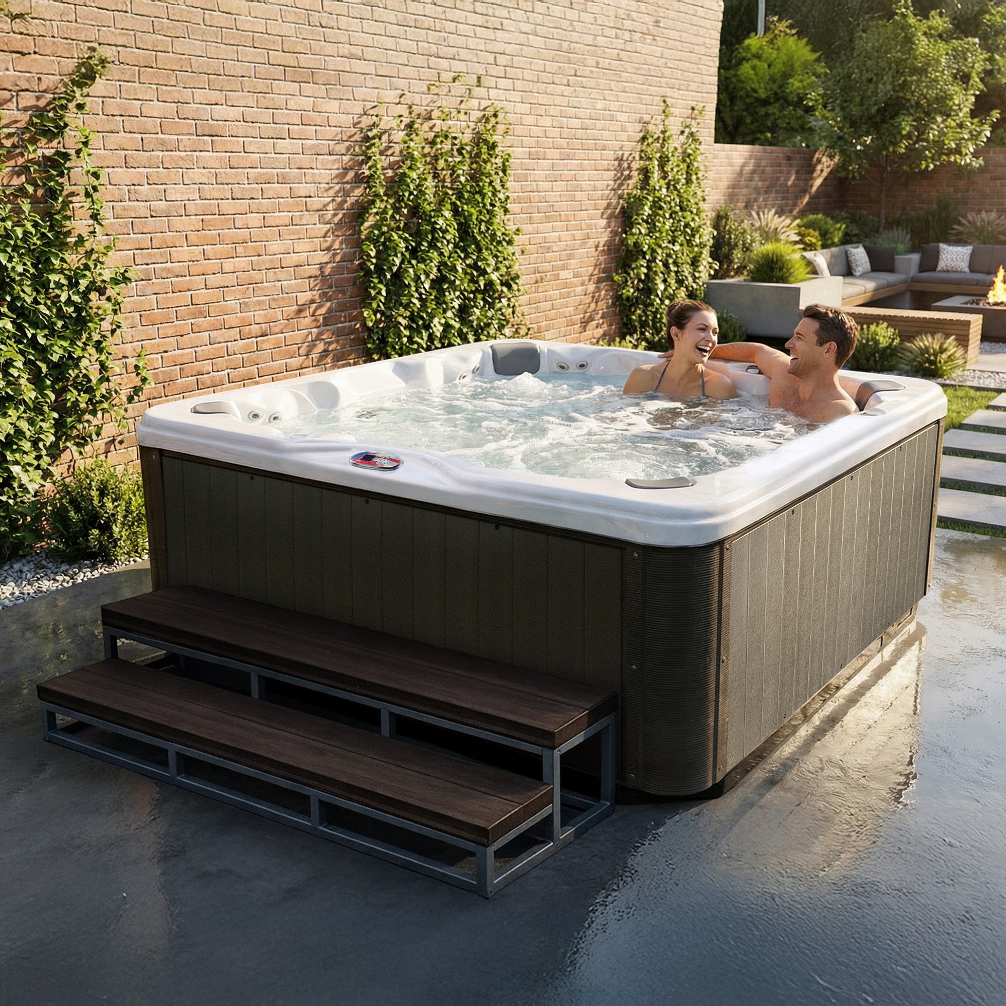 American Spas AMZ756B 7-Person 56-Jet Premium Acrylic Bench Spa Standard Hot Tub with Bluetooth Sound System and LED Waterfall