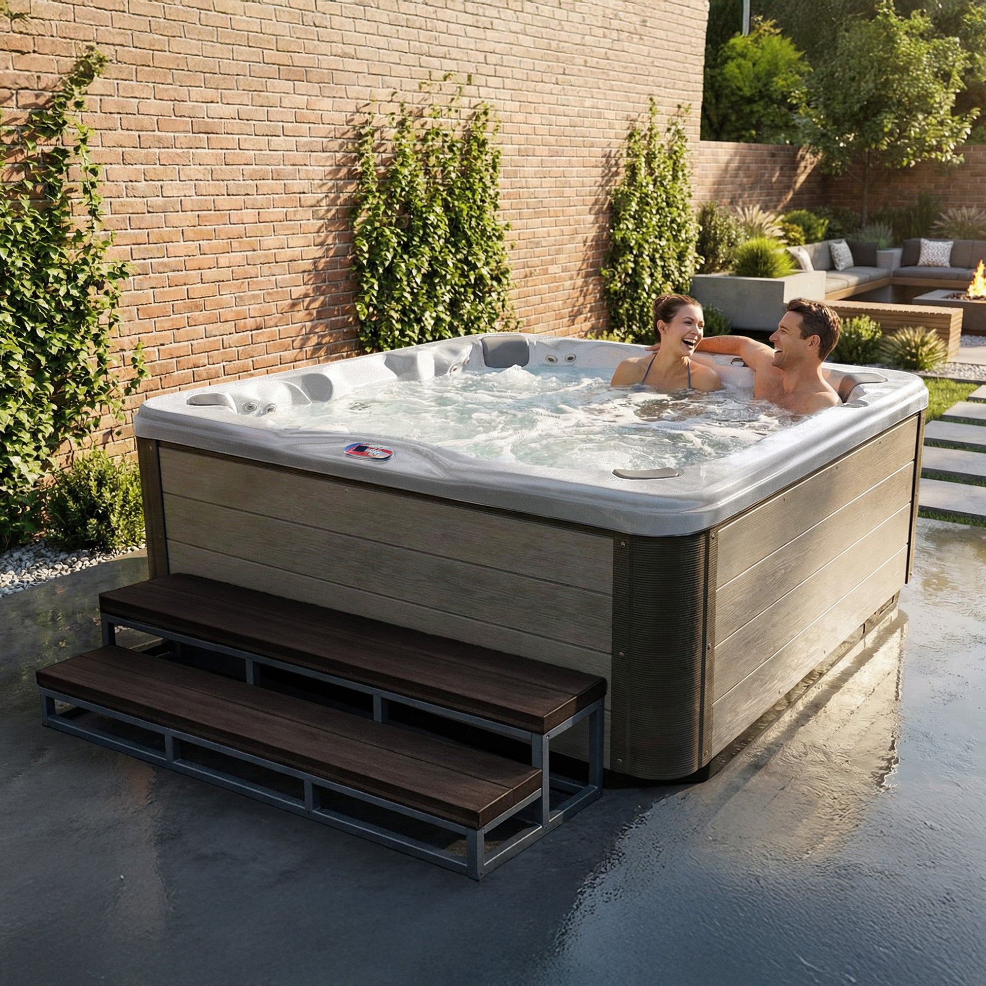 American Spas AMZ756B 7-Person 56-Jet Premium Acrylic Bench Spa Standard Hot Tub with Bluetooth Sound System and LED Waterfall