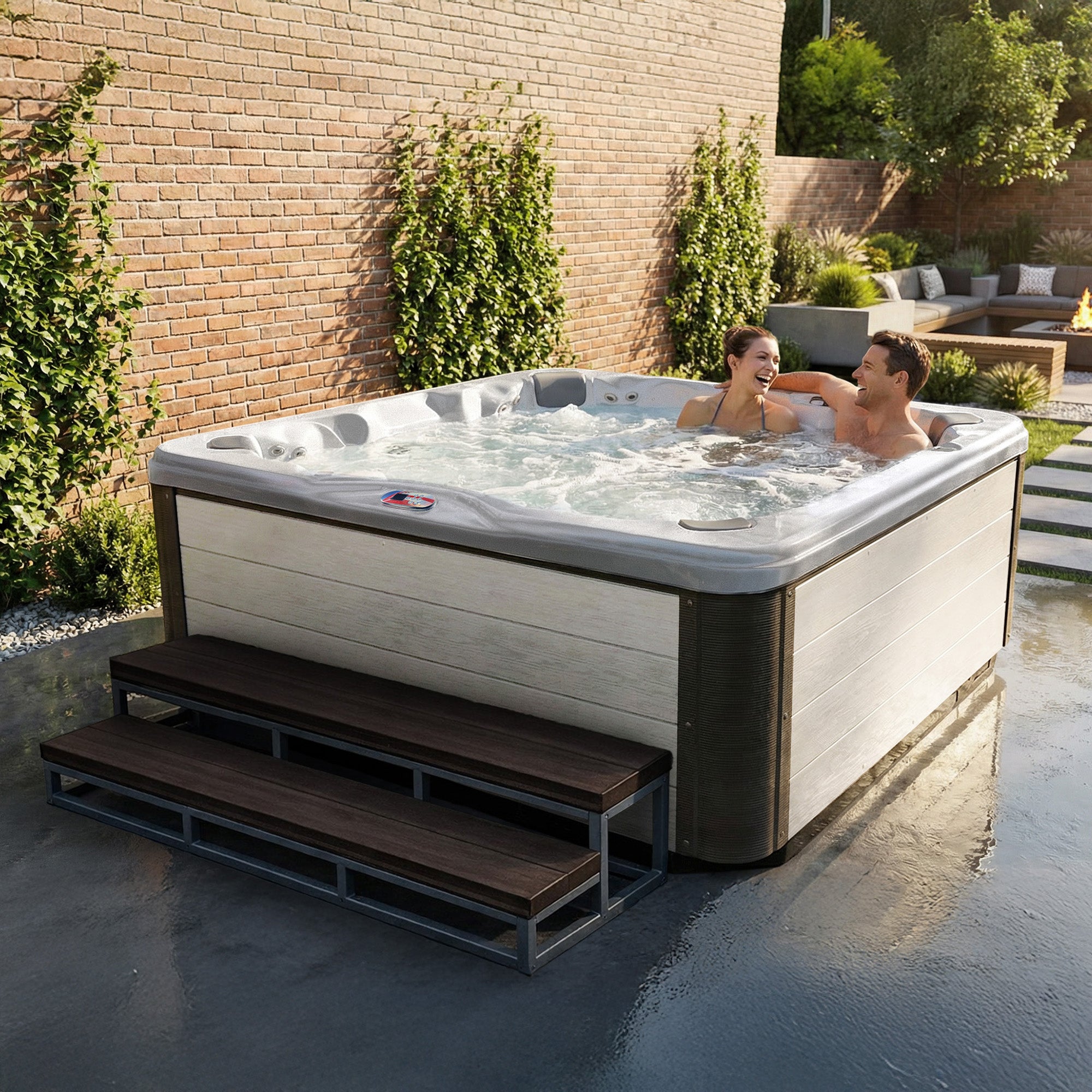 American Spas AMZ756B 7-Person 56-Jet Premium Acrylic Bench Spa Standard Hot Tub with Bluetooth Sound System and LED Waterfall