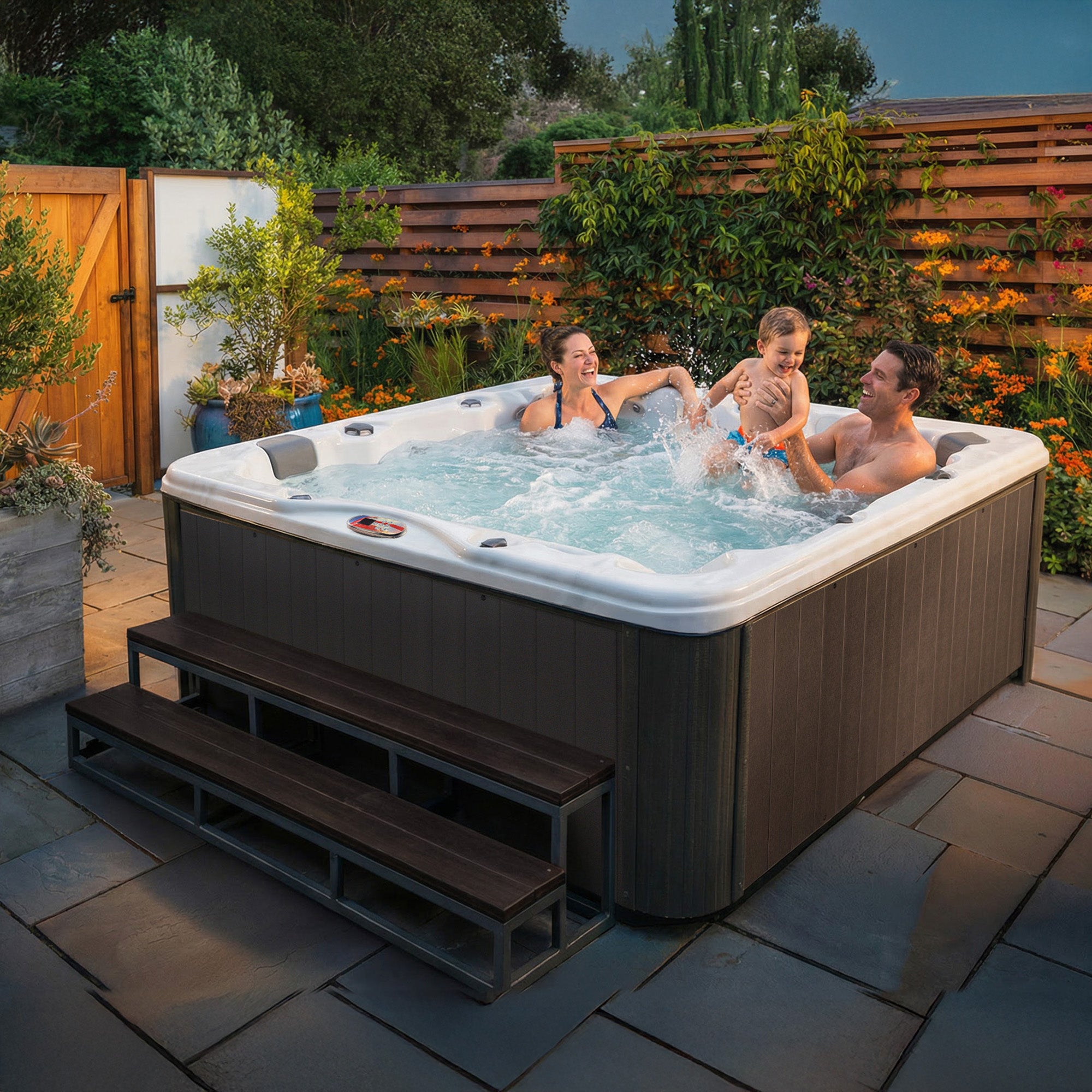 American Spas AMZ756L 6-Person 56-Jet Premium Acrylic Lounge Spa Standard Hot Tub with Bluetooth Sound System and LED Waterfall