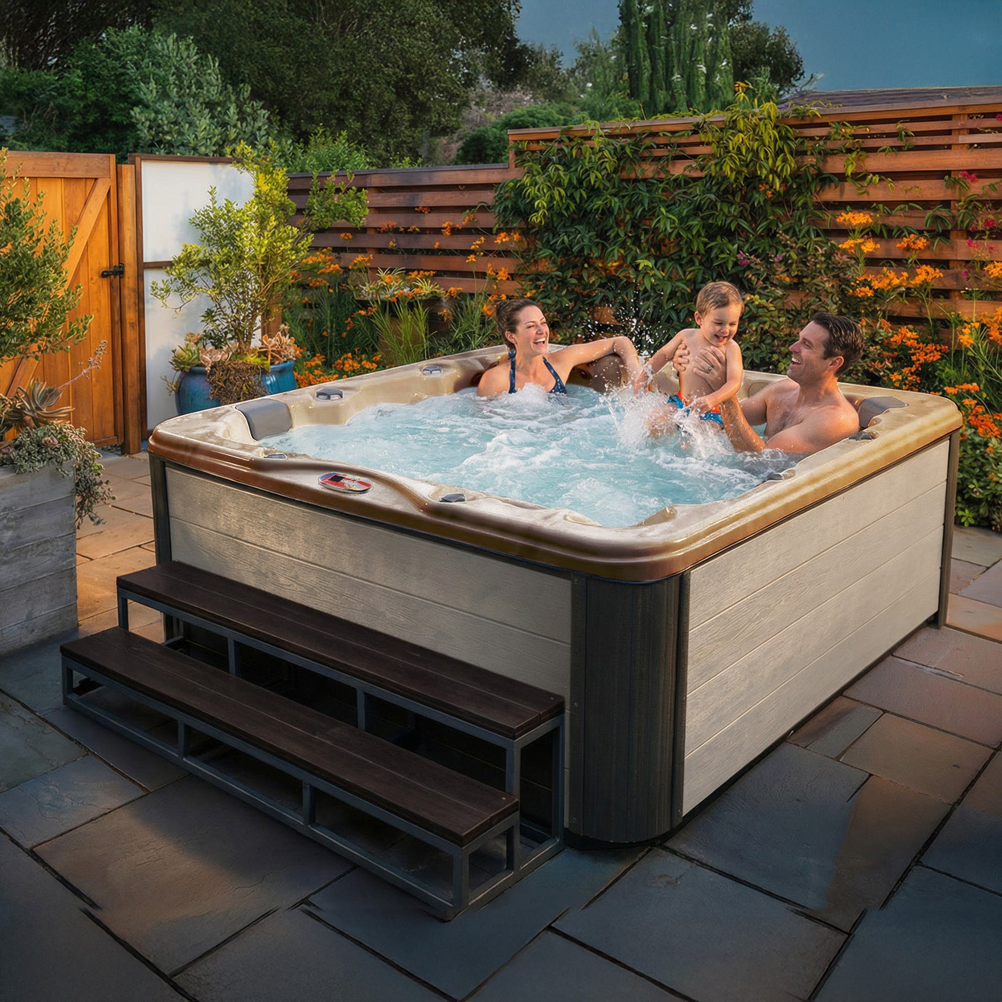 American Spas AMZ756L 6-Person 56-Jet Premium Acrylic Lounge Spa Standard Hot Tub with Bluetooth Sound System and LED Waterfall