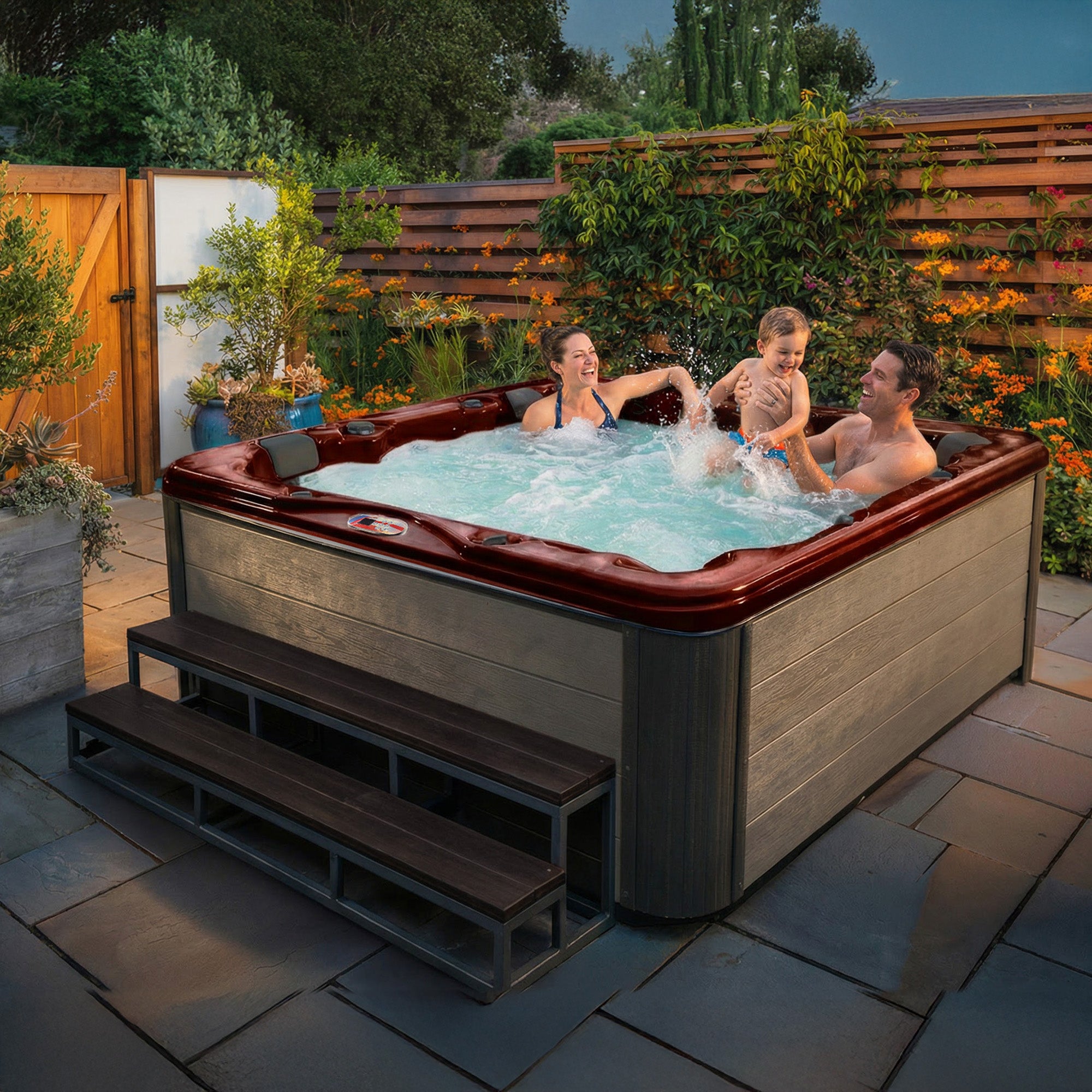 American Spas AMZ756L 6-Person 56-Jet Premium Acrylic Lounge Spa Standard Hot Tub with Bluetooth Sound System and LED Waterfall