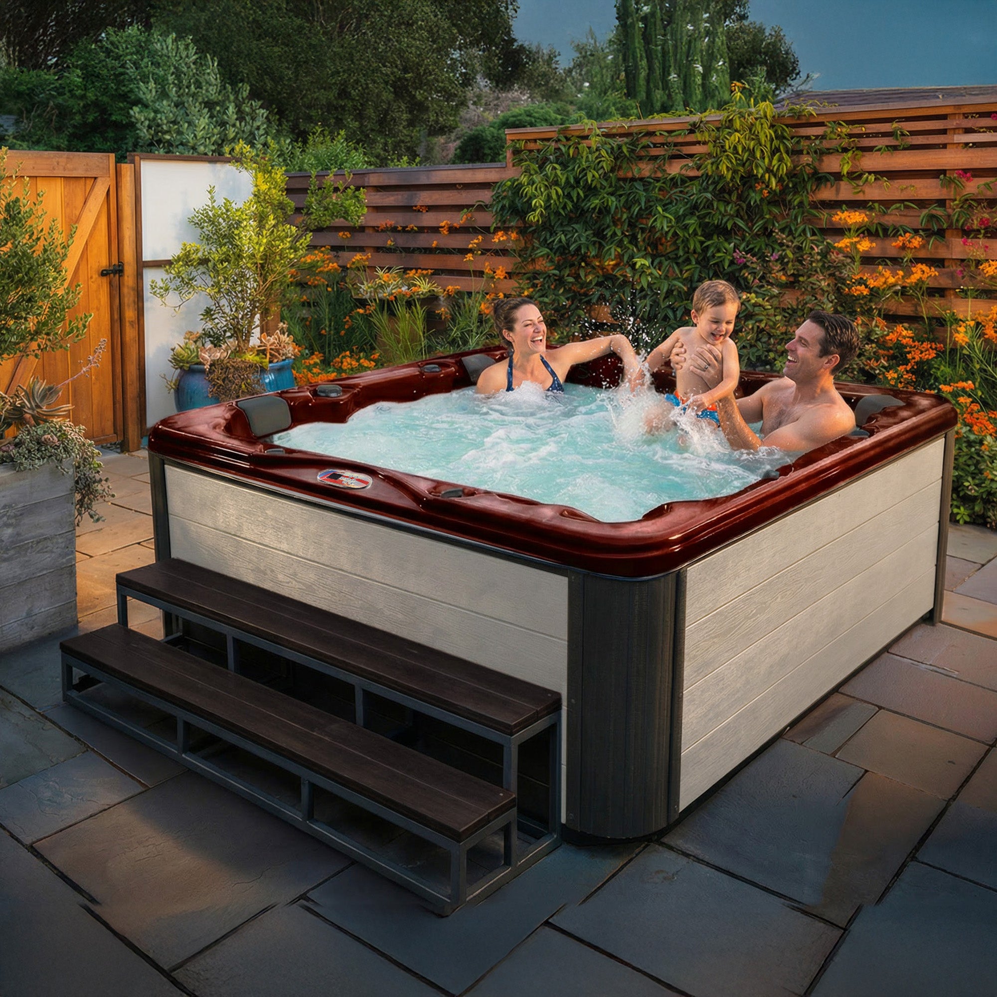 American Spas AMZ756L 6-Person 56-Jet Premium Acrylic Lounge Spa Standard Hot Tub with Bluetooth Sound System and LED Waterfall