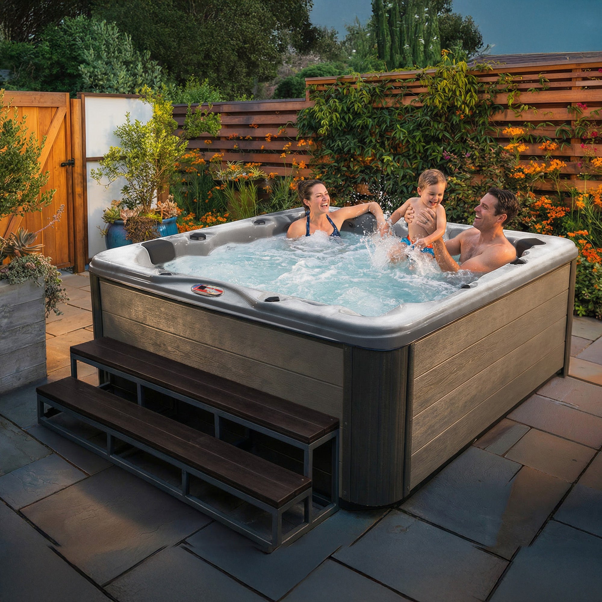 American Spas AMZ756L 6-Person 56-Jet Premium Acrylic Lounge Spa Standard Hot Tub with Bluetooth Sound System and LED Waterfall