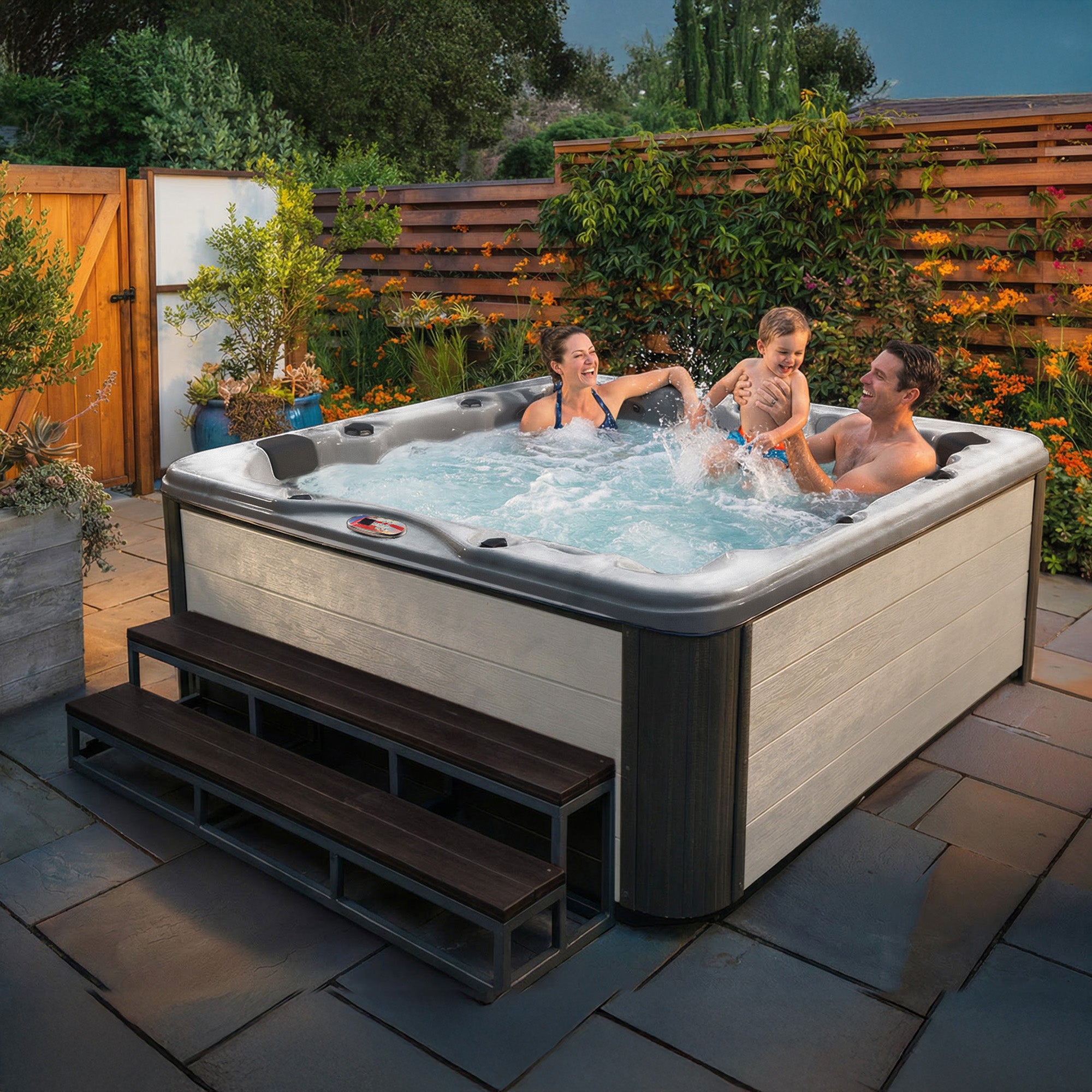 American Spas AMZ756L 6-Person 56-Jet Premium Acrylic Lounge Spa Standard Hot Tub with Bluetooth Sound System and LED Waterfall