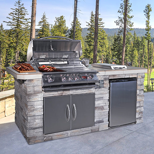 Cal Flame Baja Q BBK-710 Outdoor Kitchen Grill Island with P4 Grill, Side Burner & Refrigerator
