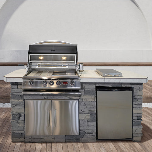 Cal Flame Pacifica Q BBK-701 Outdoor Kitchen Grill Island with P4 Grill, Side Burner &amp; Refrigerator