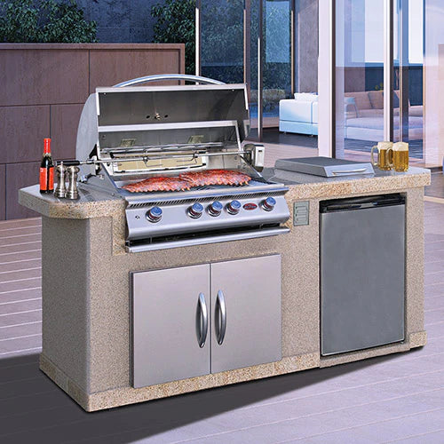 Cal Flame Pacifica Q BBK-701 Outdoor Kitchen Grill Island with P4 Grill, Side Burner &amp; Refrigerator