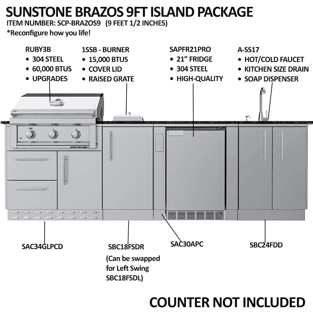 Sunstone THE BRAZOS 9 Foot Outdoor Kitchen Island Package