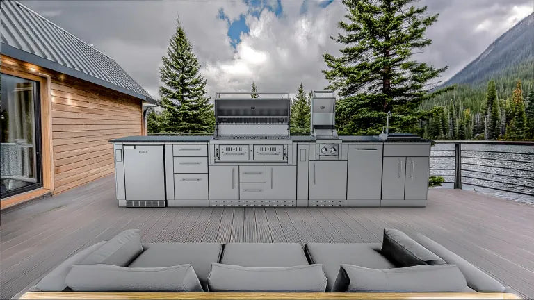 Sunstone THE DALLAS 14 Foot Outdoor Cabinet Island Package with the Largest Gas Hybrid Charcoal Grill
