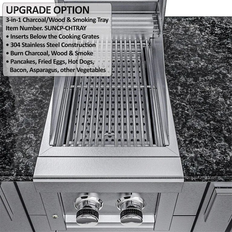 Sunstone THE DALLAS 14 Foot Outdoor Cabinet Island Package with the Largest Gas Hybrid Charcoal Grill