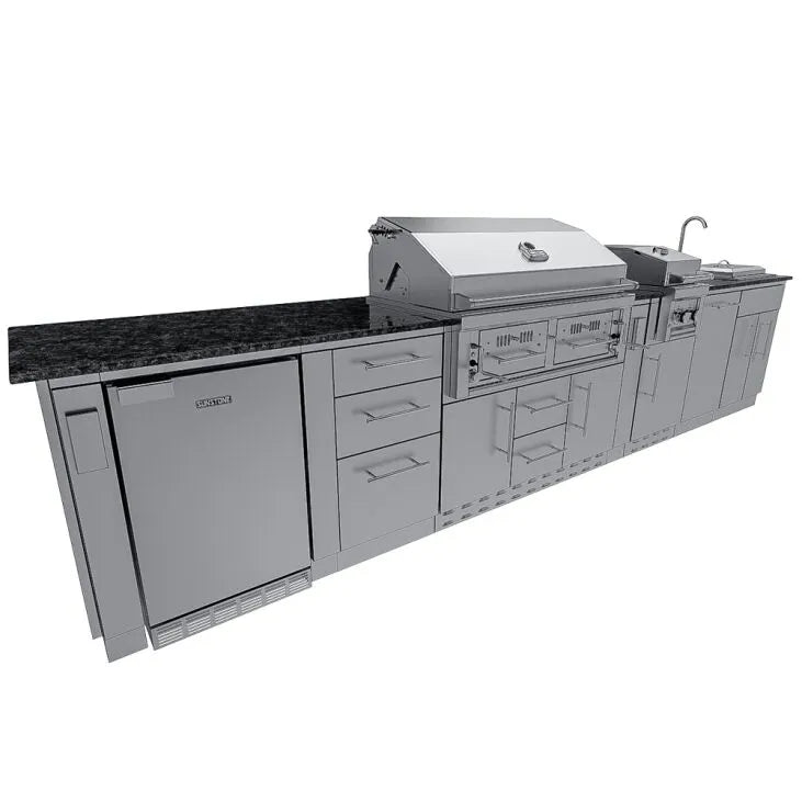 Sunstone THE DALLAS 14 Foot Outdoor Cabinet Island Package with the Largest Gas Hybrid Charcoal Grill