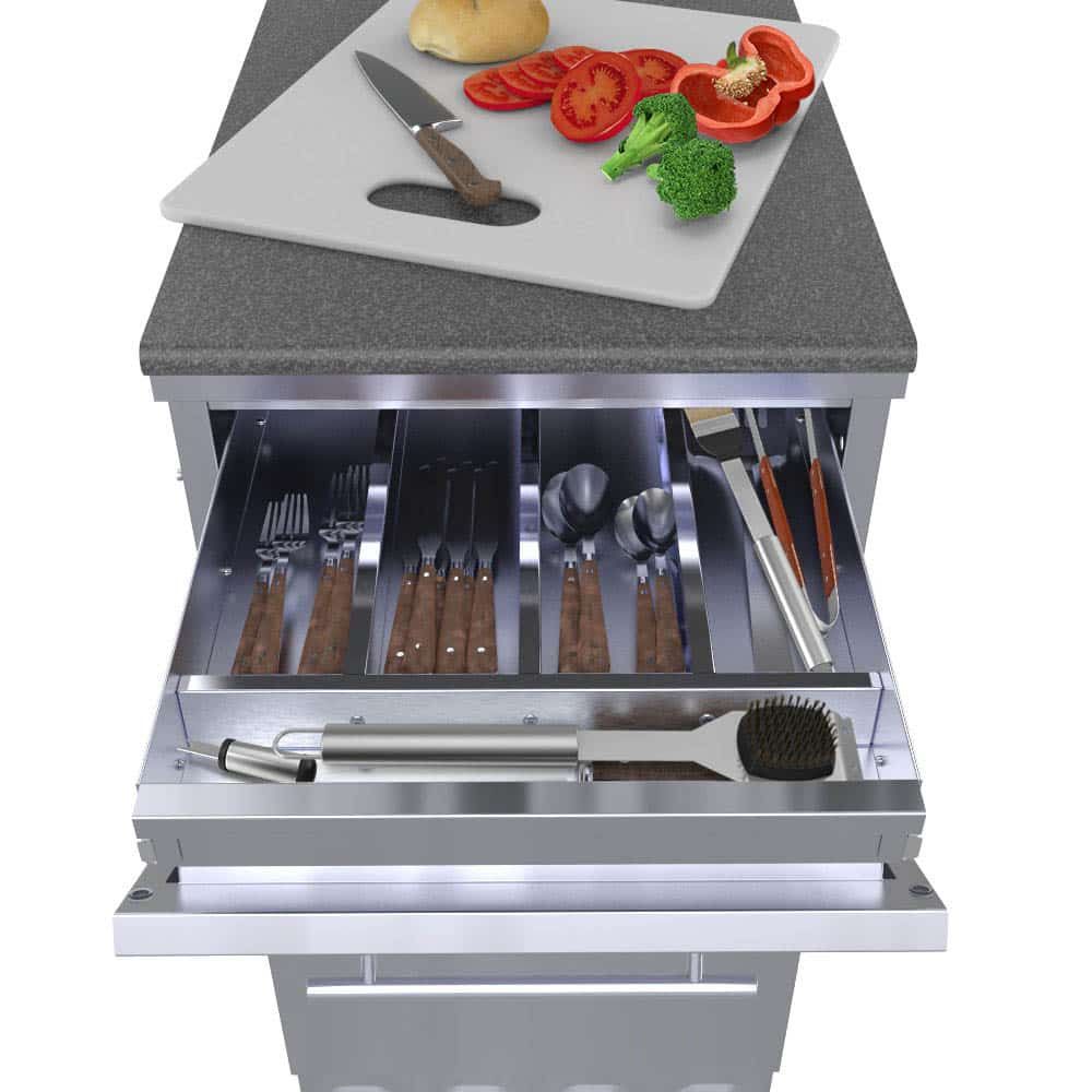 Sunstone 18"Combo Paper Towel Holder/Cutlery Drawer with Cutting Board &amp; Insulated Ice Chest Dry Storage Drawer with Drain - SBC18DPIC