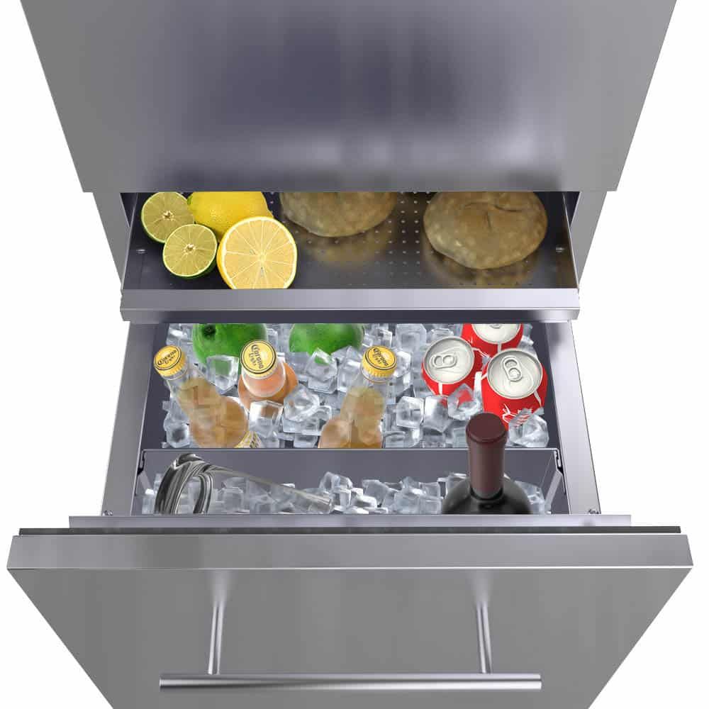 Sunstone 18"Combo Paper Towel Holder/Cutlery Drawer with Cutting Board &amp; Insulated Ice Chest Dry Storage Drawer with Drain - SBC18DPIC