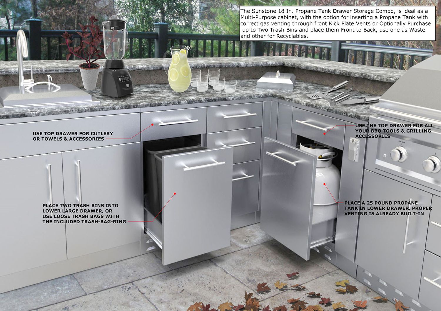 Sunstone 18"Propane/Trash Drawer Combo Cabinet - SBC18SLPCD