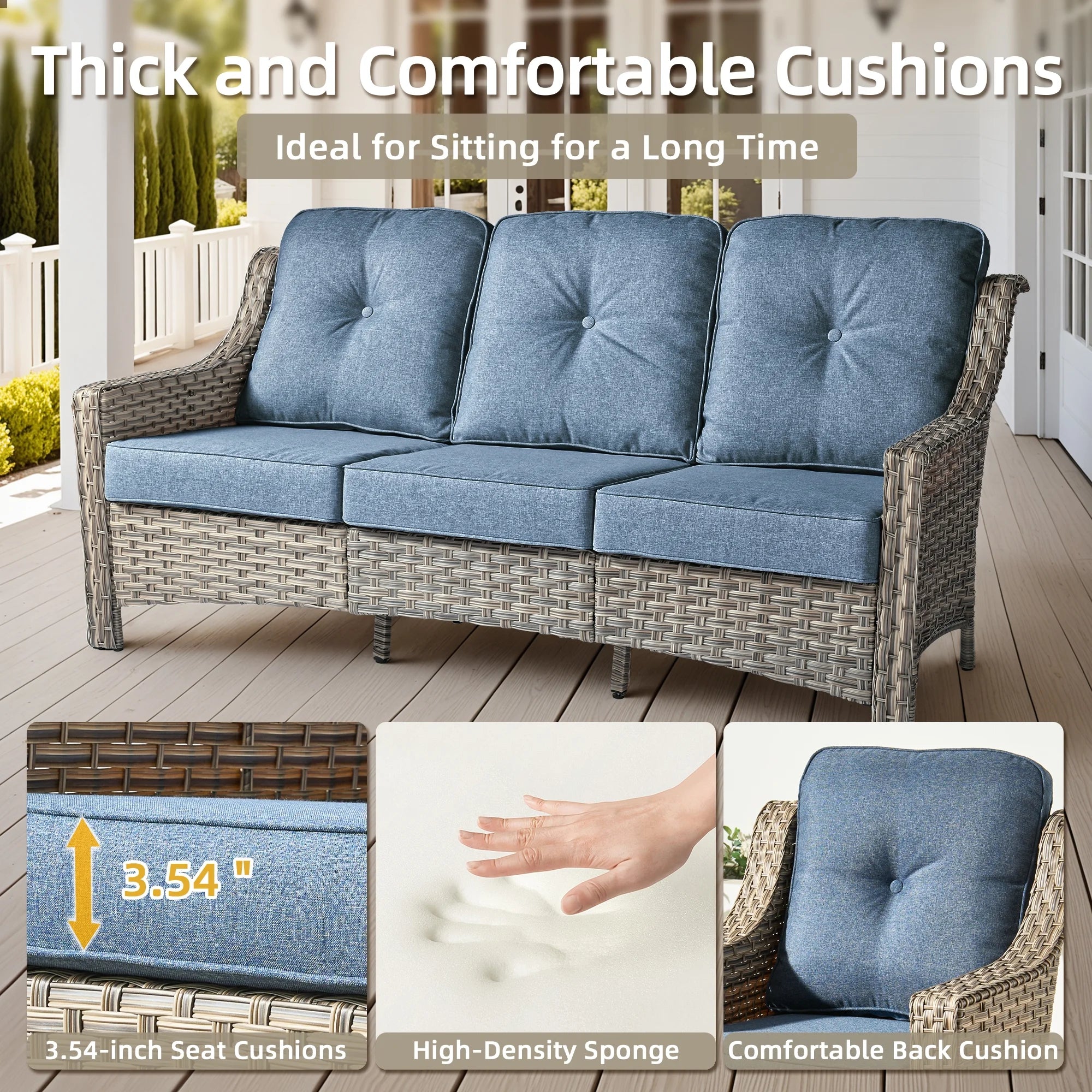 5 Pieces Outdoor Patio Furniture Set High-Back Rattan Wicker Conversation Set Outdoor Sectional with Swivel Chairs & Solar Light Coffee Table, Denim Blue