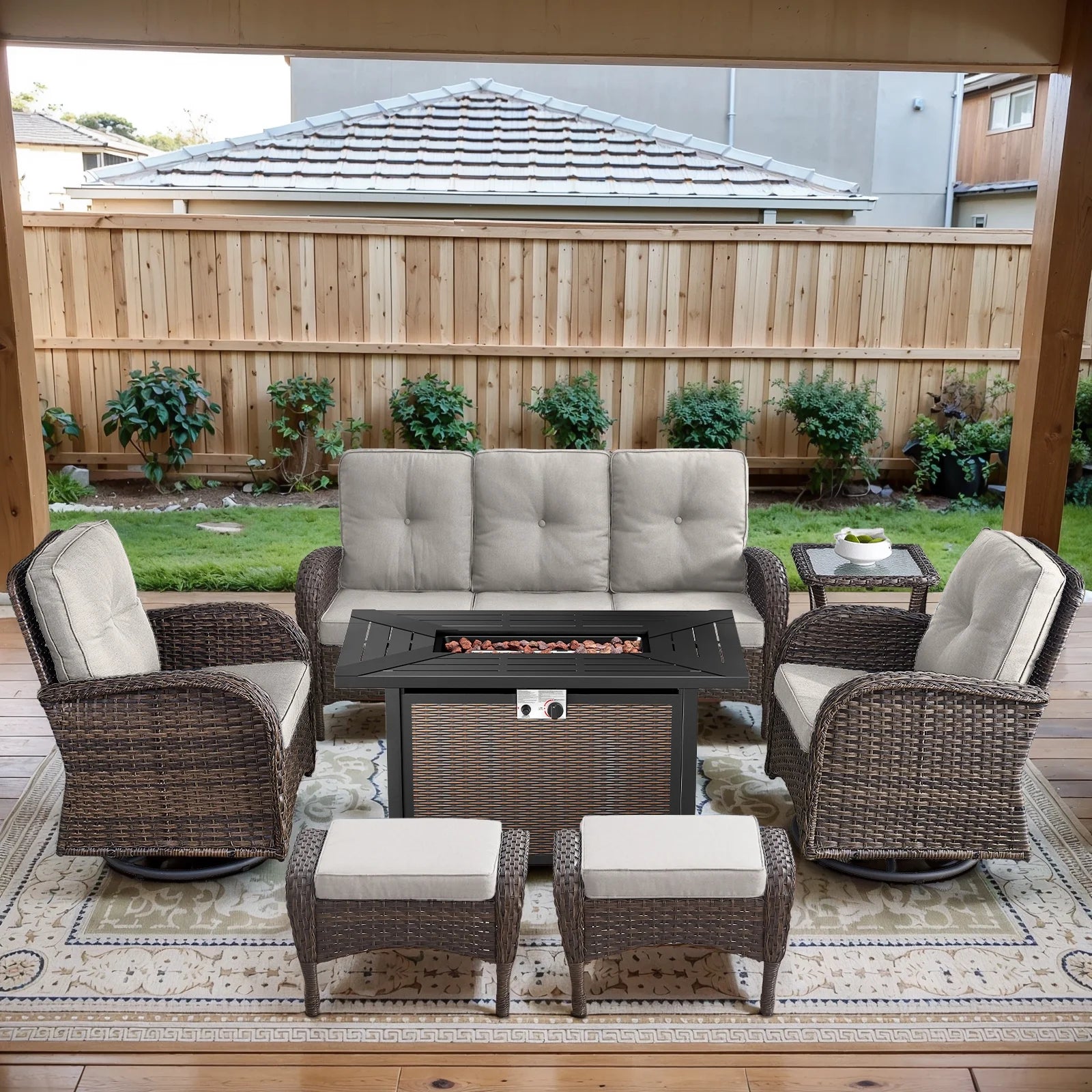 7 Piece Outdoor Patio Furniture Set, Patio Furniture Set with Fire Pit Table Rattan Wicker Patio Furniture Set, Brown Wicker & Beige Cushion