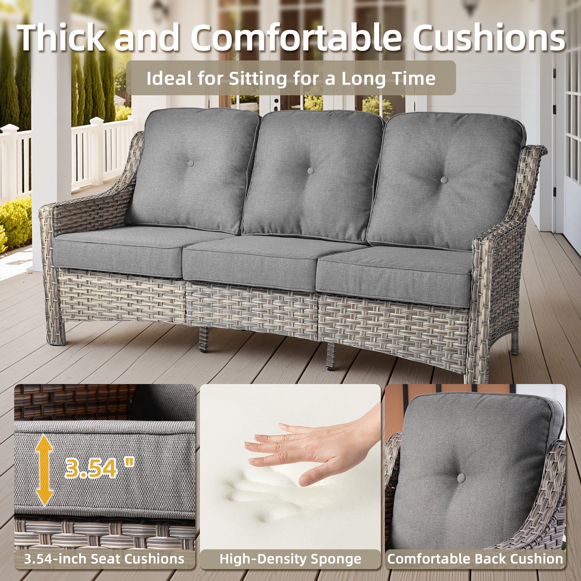 5 Pieces Outdoor Patio Furniture Set High-Back Rattan Wicker Conversation Set Outdoor Sectional with Swivel Chairs & Solar Light Coffee Table, Dark Grey