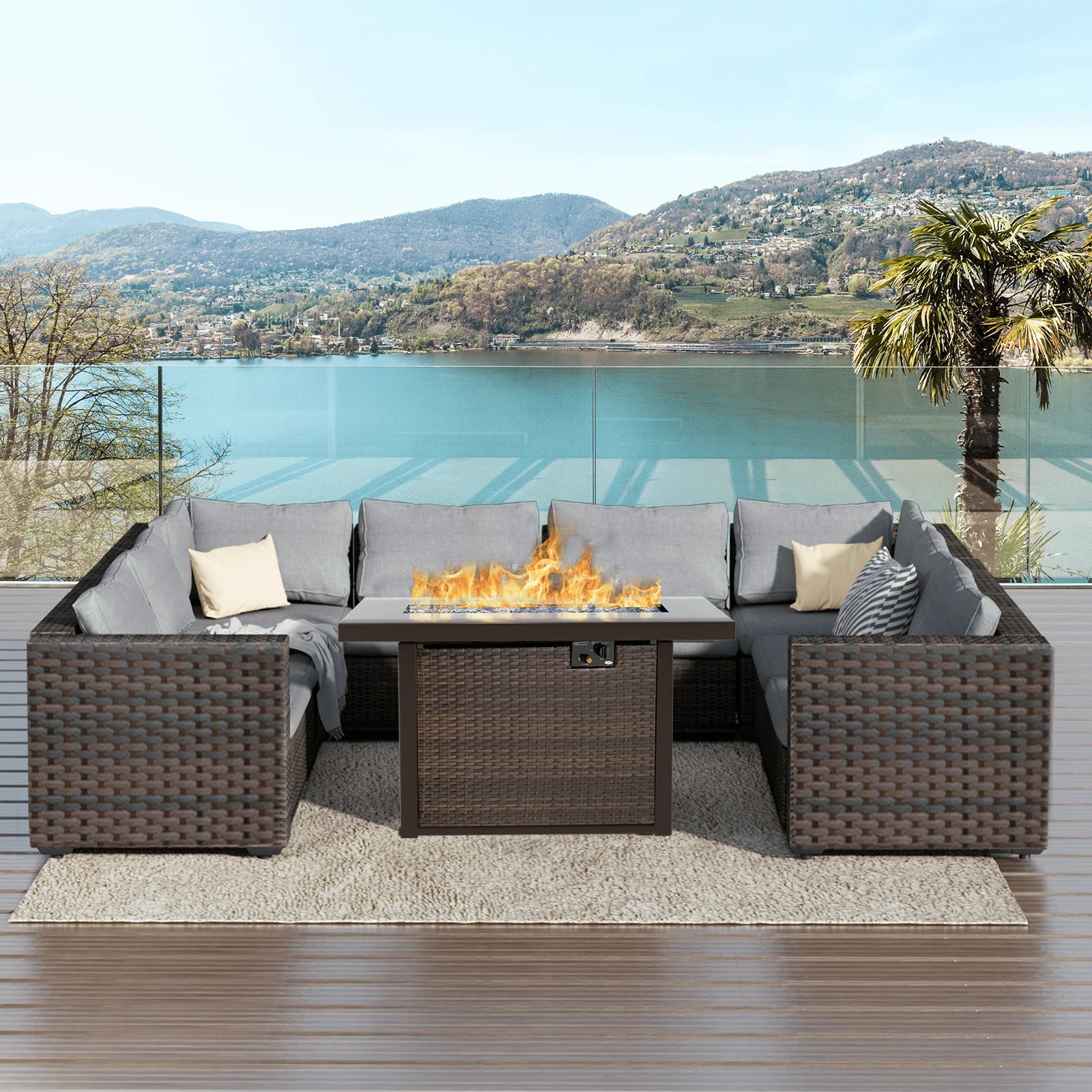 9 Piece Patio Furniture Set with Fire Pit Table, All Weather Outdoor Sectional PE Rattan, Patio Conversation Sets with Cushions and Glass Coffee Table for Garden Lawn Balcony, Grey