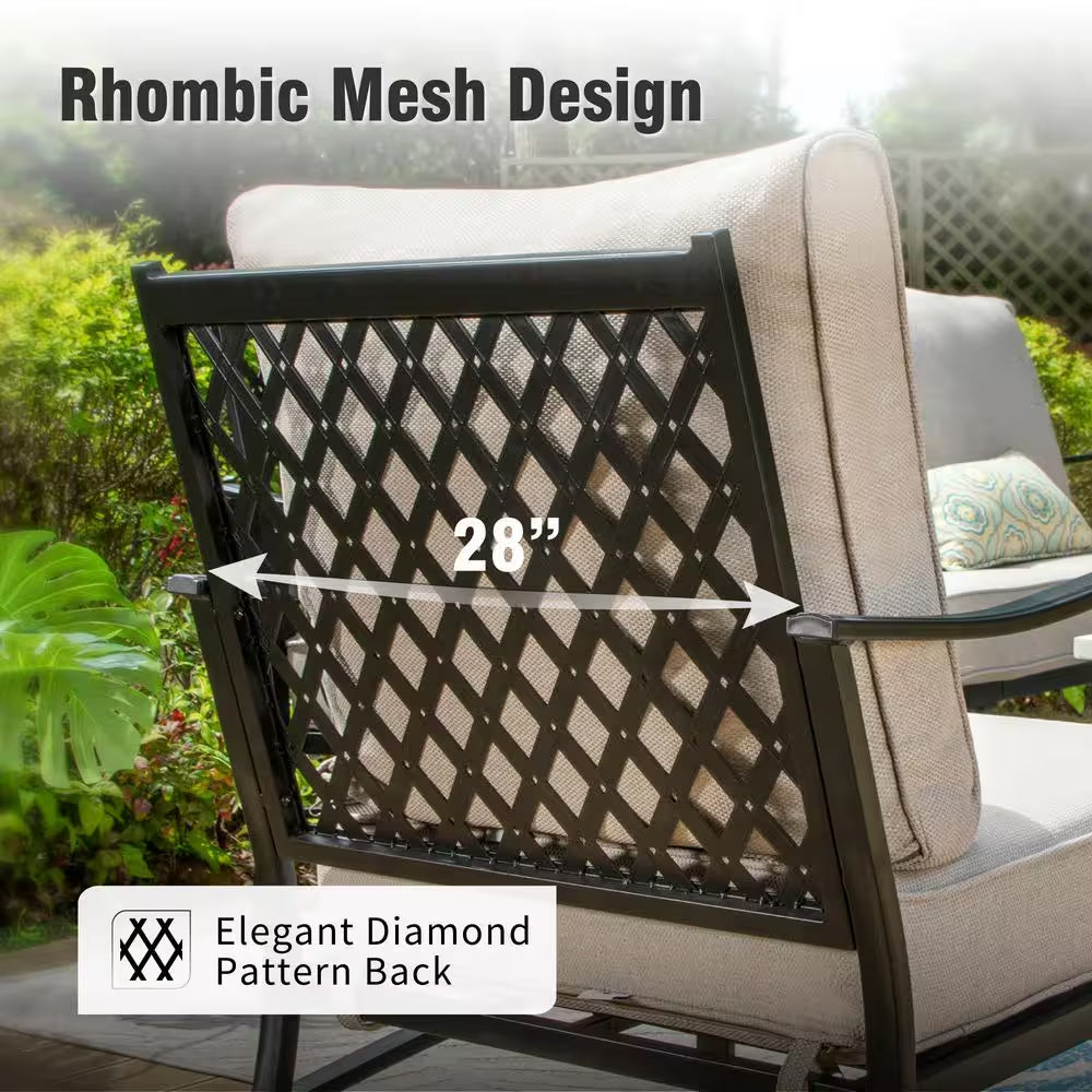 Metal 5 Seat 4-Piece Steel Outdoor Patio Conversation Set with Rocking Chairs, Beige Cushions and Marble Pattern Table